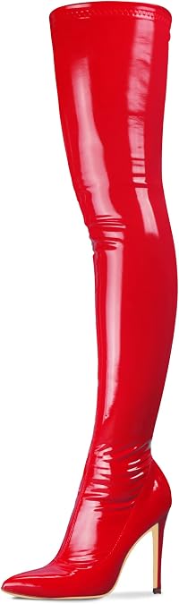 CAMSSOO Women's Thigh High Boots Pointy Toe Side Zip Stiletto High Heels | Patent PU 4" Heel Over The Knee Boots, Non-Slip Outsole, Great for Dance, Birthday Disco Club Parties.