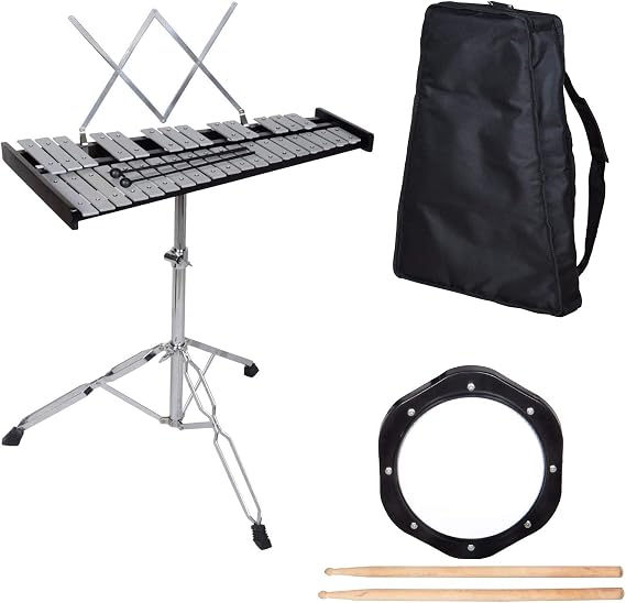 32 Notes Percussion Glockenspiel Bell Kit Xylophone Instrument Set with 8" Practice Pad, Adjustable Stand, Mallets, Drum Sticks and Carrying Bag