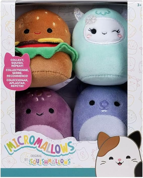 Micromallows SQMM0066-4-Pack Super Soft Mini Squishmallows 6.5cm Plush Figures - including Cheeseburger, Marmot, Yeti and Turtle