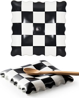 Ceramic Spoon Rest - Unique Checkered Spoon Holder Multipurpose for Stove Top, Kitchen Counter & Coffee Station | Super Cute Kitchen Decor & Hot Coffee Accessories for Housewarming