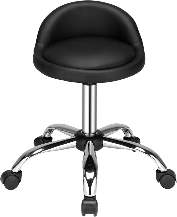 Adjustable Salon Stool Rolling Chair with Backrest PU Leather Black