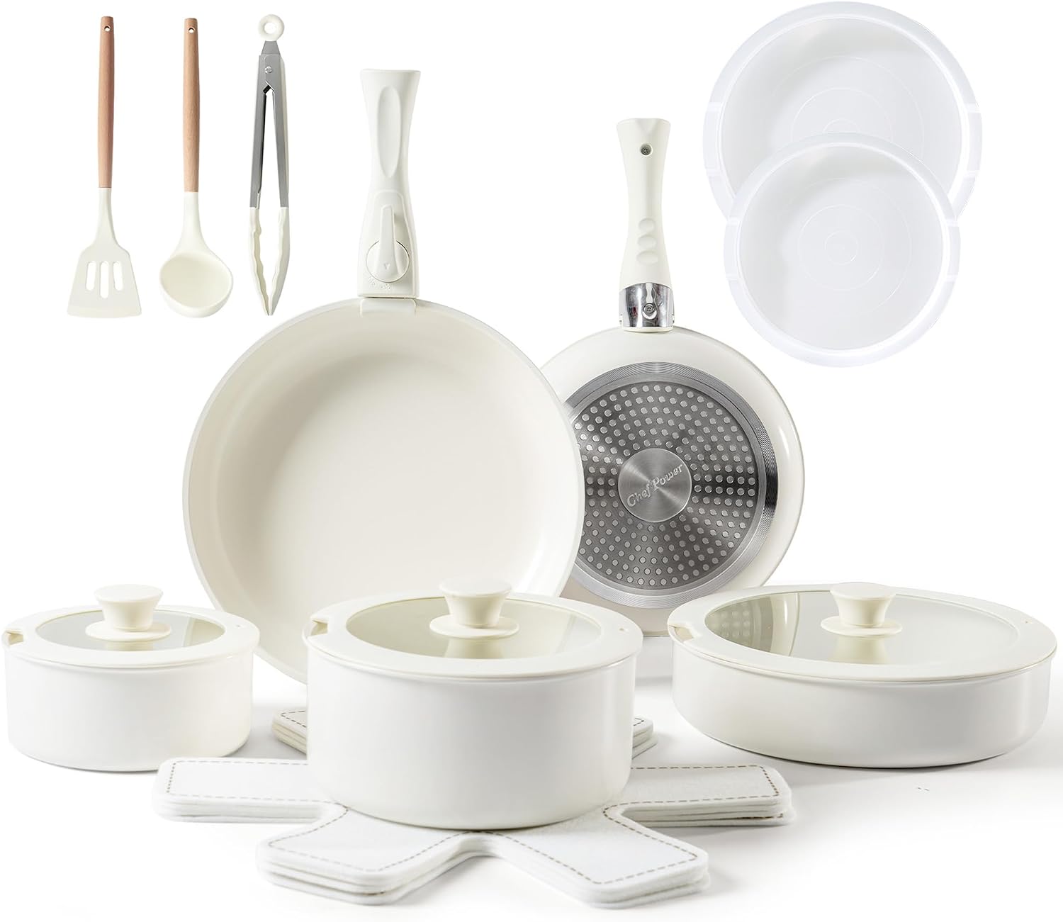ChefPower Induction Pots & Pans Set: Non Stick 19pcs Ceramic Pan Set Detachable Handles Kitchen Cookware Set with Lids Oven Safe All Stove Hob Suitable RV Frying Pans Saucepan Sets White