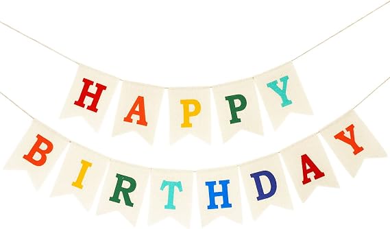 Burlap Happy Birthday Banner, Assembled Birthday Banner Sign Garland for Colorful Birthday Party Decorations