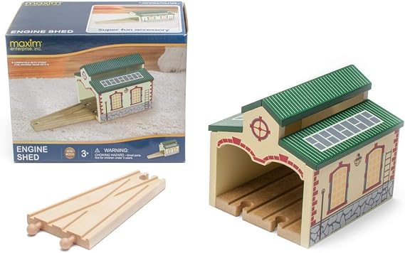 maxim enterprise, inc. Wooden Train Engine Shed, Multicolor Railway Shed Houses 2 Toy Engines, Wood Train Accessories with 2-Way Switching Track, Compatible with Thomas & Friends and Major Brands