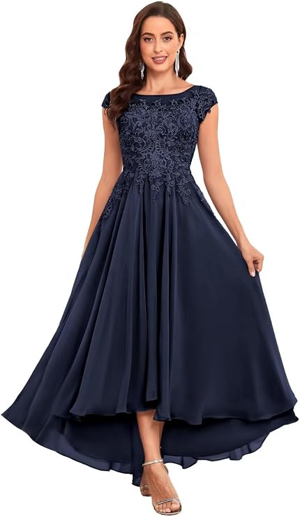 HANVAIOS Lace Applique Mother of The Bride Dresses Tea Length Cap Sleeve Formal Dress with Pockets