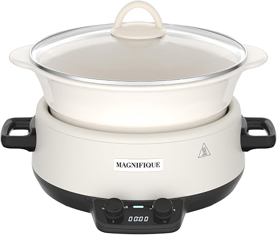 MAGNIFIQUE Small 5 Quart Round Casserole Programmable Slow Cooker with Glazed Ceramic Liner, Food Warmer Perfect Kitchen Small Appliance for Family Dinners, White