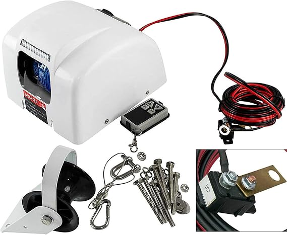 12V Electric Boat Anchor Winch Boat Winch Anchors Saltwater Boat Electric Windlass Anchor Winch Marine+Wireless Remote Maximum Capacity of 25lbs, Heavy Duty Towing Winches for Fishing Boat