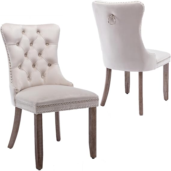 Contemporary Button Tufted Dining Chairs High-end Velvet Upholstered Dining Chairs with Nailhead Back and Ring Pull Trim Wood Kitchen Chairs for Dining Room (Beige, Set of 2)