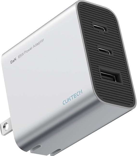 CUKTECH 65W USB C Charger, GaN III PD Fast Charger, PPS 3-Port Compact Foldable Adapter Compatible with MacBook Pro/Air, Dell XPS 13, iPhone 16/15Pro, Switch, Steam Deck, Galaxy S24 (Silvery, 3-Port)