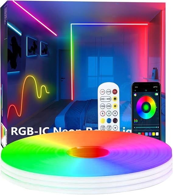 5 m RGB+IC Neon Strip Lights LED Strip with App/Remote Control Music Sync 24 V IP65 Outdoor Waterproof Flexible Strip [Energy Class G]