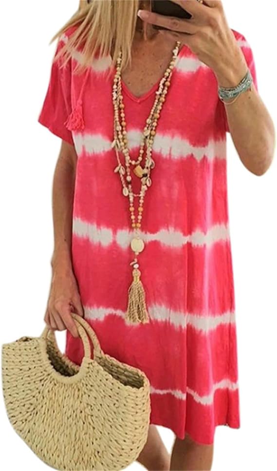 Tie-Dye Striped Short-Sleeve Loose T-Shirt Dress, Summer Casual V Neck Sundress, Beach Dresses for Women