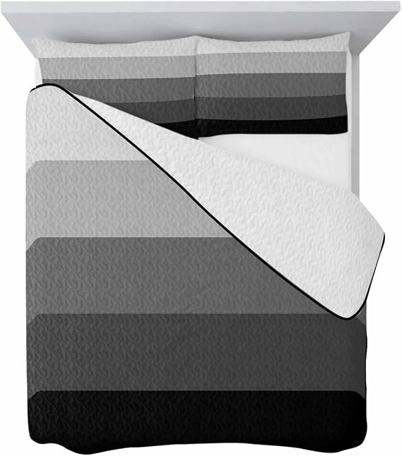 Full Quilt Sets with 2 Pillow Shams, Black Grey Ombre Lightweight Summer Quilts Full Size, Modern Abstract Art Farmhouse Striped Bedspreads Coverlet Bedding Set 3 Pieces for All Seasons