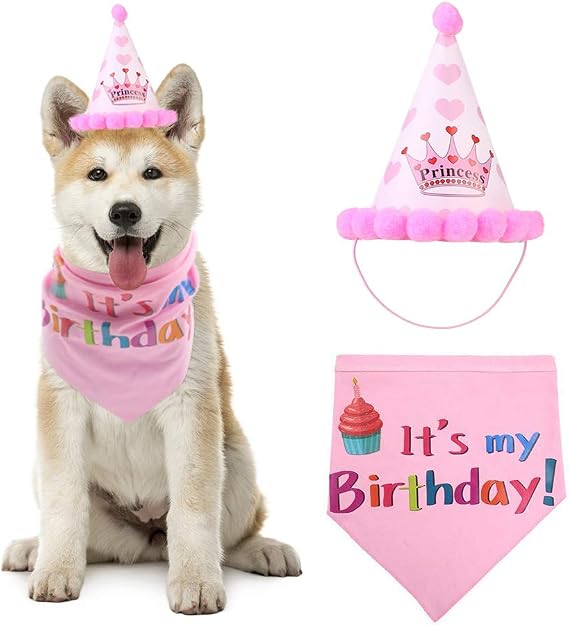 Dog Birthday Bandana for Girls, Pet Scarfs and Reusable Hat for Small to Large Doggie Cats Party Decoration