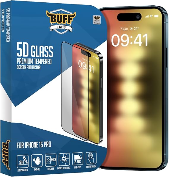 Buff, 5D Glass Screen Protector Compatible with iPhone 15 Pro, BF5P5D, Transparent
