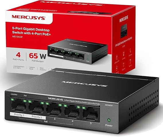 Mercusys MS105GP PoE Switch 5-Port Gigabit LAN Switch with 4 + s (65 Watt IEEE-802.3af/at Fanless Plug and Play Robust Metal Casing)
