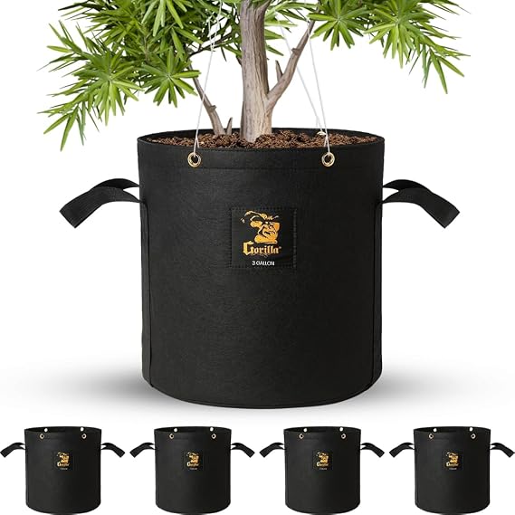 Gorilla 3 Gallon Grow Bags, Toughest Reusable Fabric Pots, Tallest True Gallon Sizes with Biggest Volume, Thickest 600g Fabric PVC and BPA Free, Reinforced Handles & Metal Tie Down Grommets, Black
