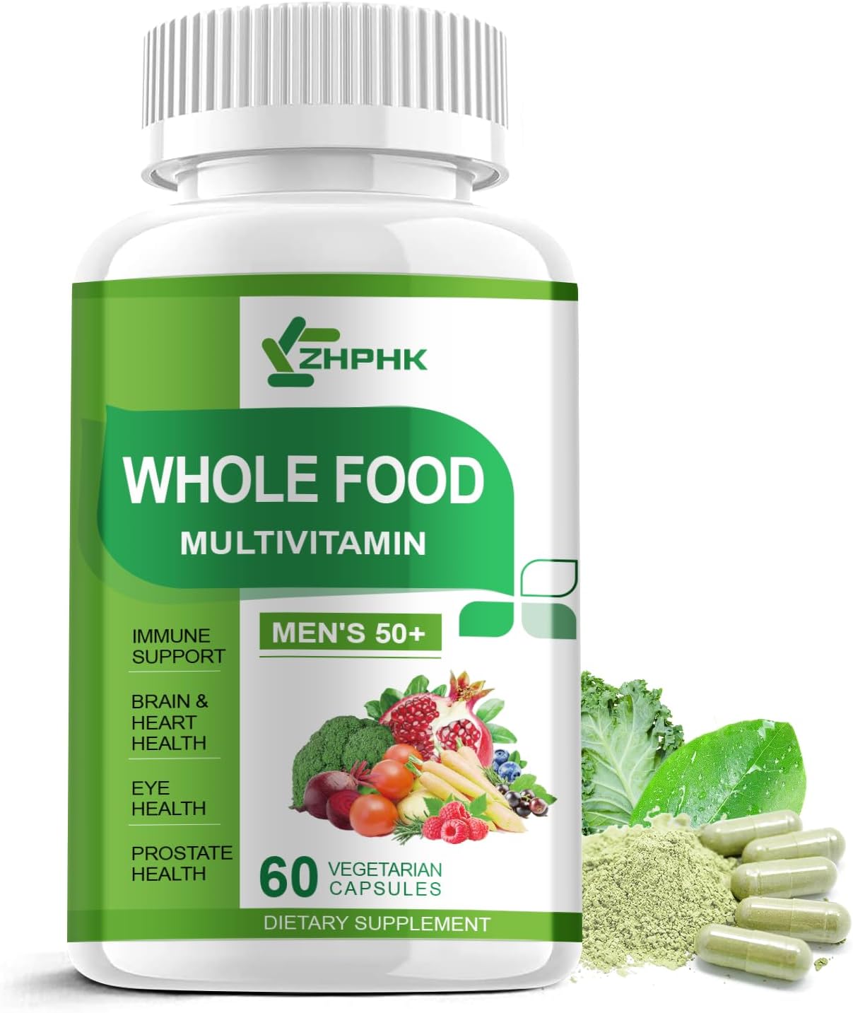 Mens Multivitamins 50 Plus, Whole Food Multivitamin Organic Natural Foods Mens Vitamins Multivitamin Men 50 for Brain, Heart and Eye Health, Improve Digestion & Prostate Health, 60 Capsules