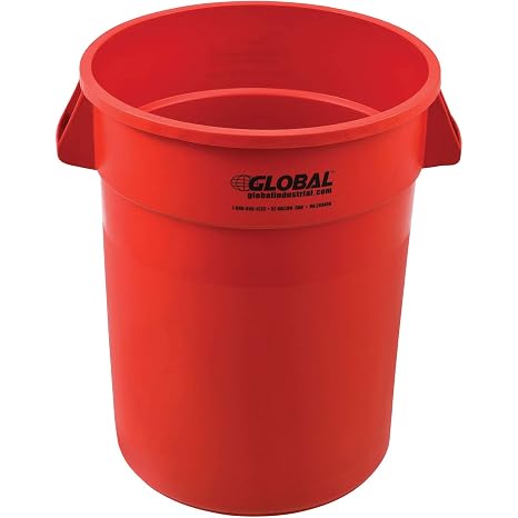 Global Industrial Commercial Round Trash Can, 32 Gallon Capacity, Red | Plastic Garbage Can, Indoor and Outdoor Utility Trash Can, 21-3/4"W x 27-1/2"H, No Lid