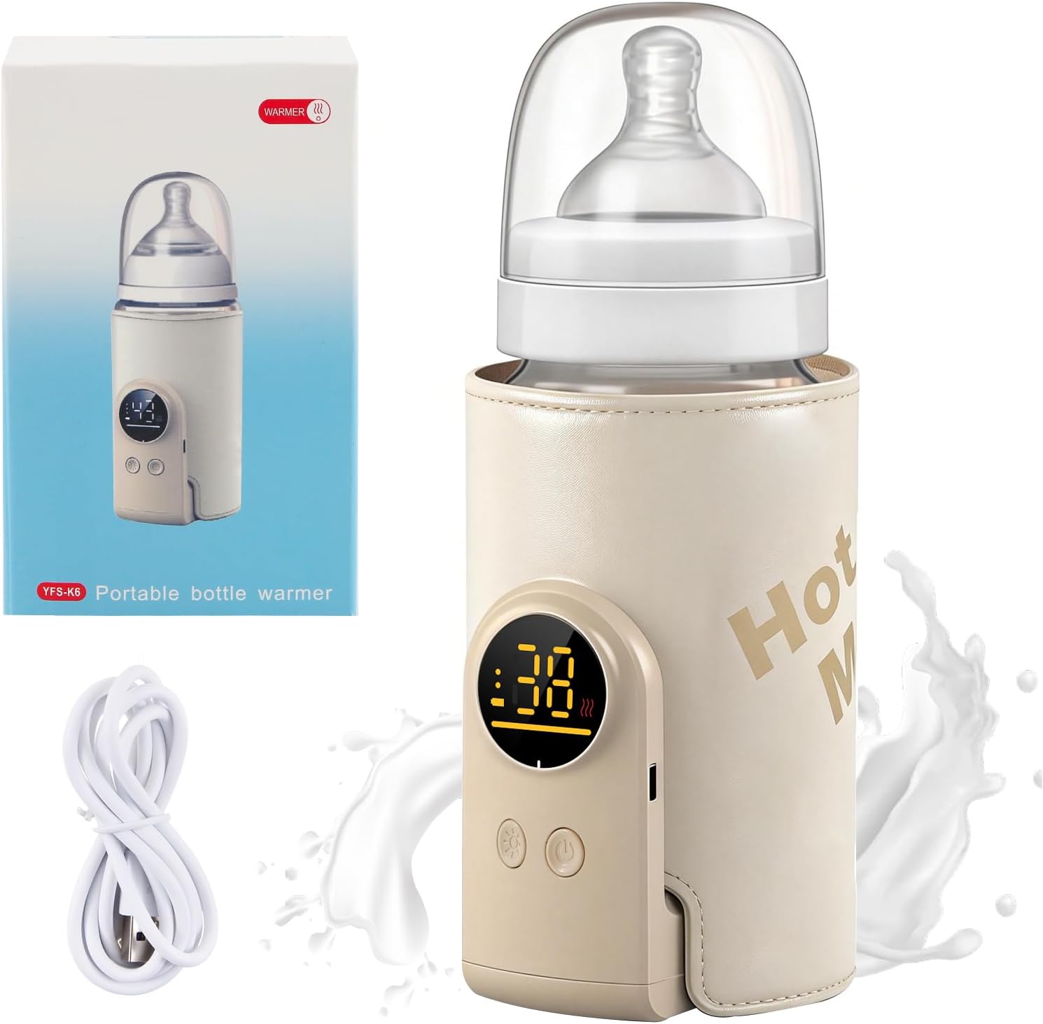 Portable Bottle Warmer, Rechargeable Baby Bottle Warmer with 6-Speed Adjustable Temperature and 18W Fast Heating, Baby Milk Warmer with LED Temperature Display and Night Light, Travel-Friendly
