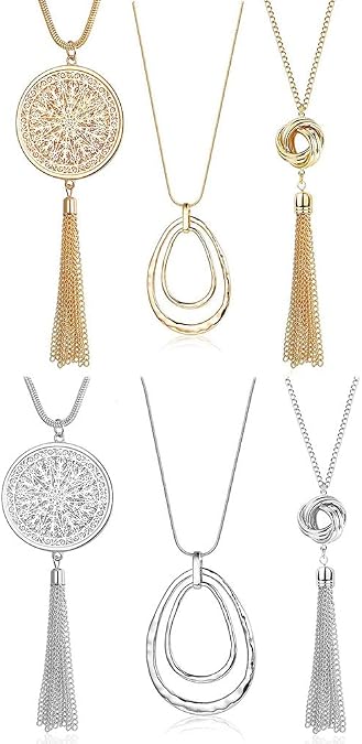 SEVENSTONE 3PCS Long Pendant Necklaces for Women Knot Disk Circle Tassel Statement Sweater Necklace Set