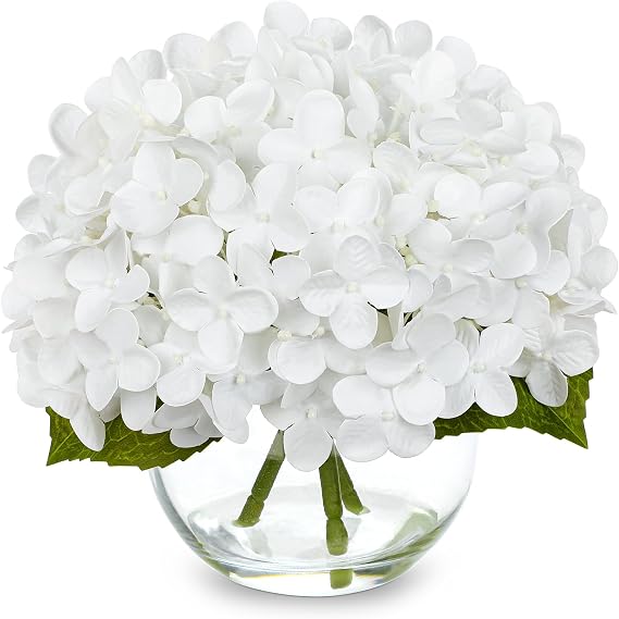 Briful Hydrangea Artificial Flowers in Vase - 7" Real Touch Hydrangea Fake Flowers in Glass Vase with Faux Water - White Artificial Flower Arrangement for Wedding Centerpieces Home Decoration