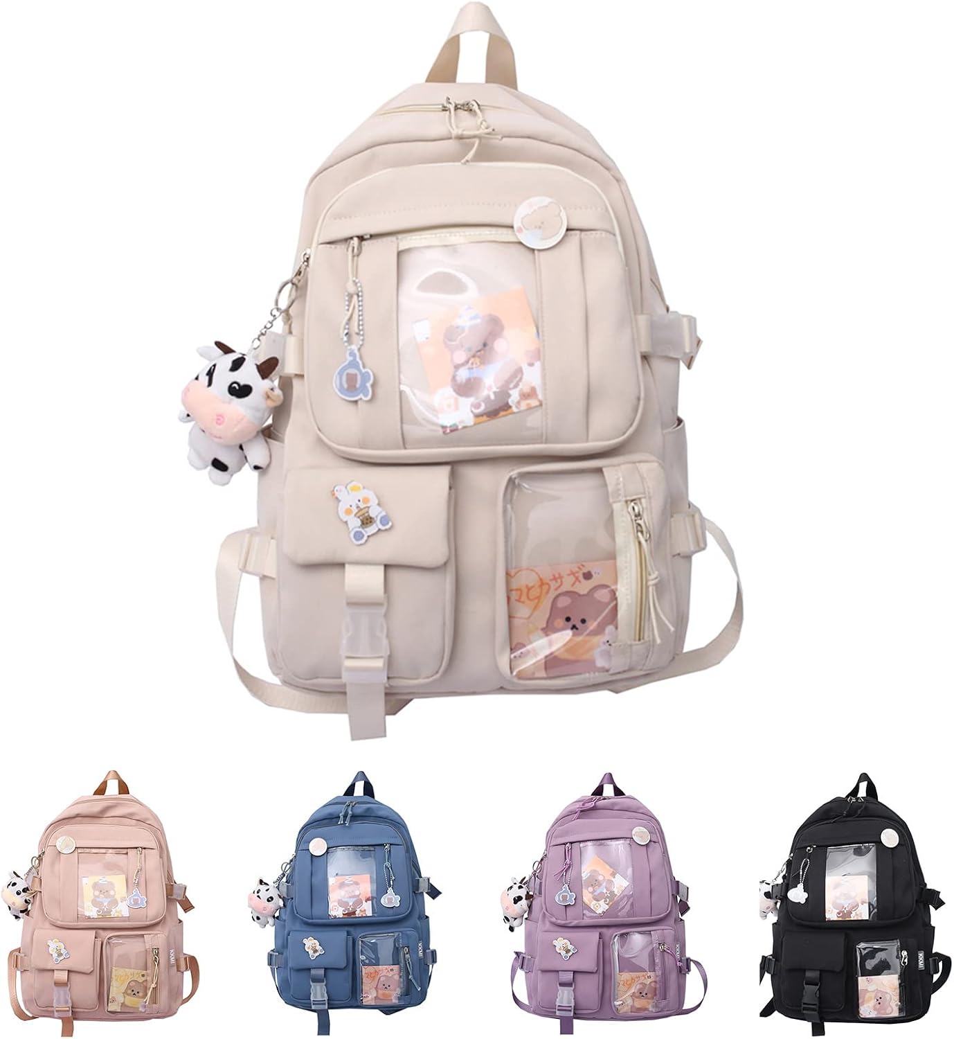 Kawaii School Backpack with Pendant, Women Cute Nylon Backpack Waterproof Travel Rucksack for Teen Girls School Bag Student Bookbag With Badge Pin and Accessories