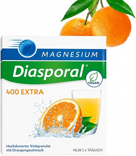 Magnesium Diasporal 400 Extra High-dose magnesium citrate extra fruity orange flavour for increased demand vegan sugar and gluten free