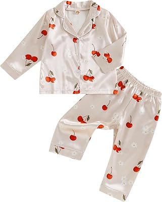 Qiylii Toddler Girls Soft Satin Pajamas Long Sleeve Button-Up Pajamas Shirt and Pant 2PC Silk Pajamas Kids Nightgown