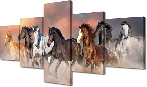 砂漠で疾走する馬 ウォールアート絵画 キャンバス5パネル ポスターとプリント モダンな風景画 リビングルームの装飾用ホームデコレーション 枠張り済み すぐに掛けられます - 幅50インチ x 高さ24インチ