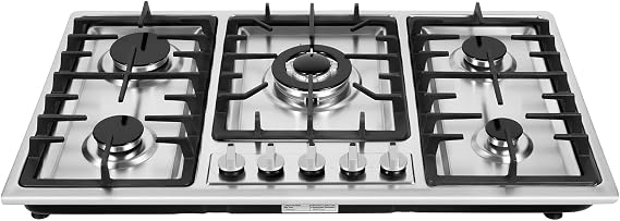 33.8" x 20" Gas Cooktop, 5 Burners Countertop Gas Stove, Stainless Steel, LPG/NG Convertible, with Thermocouple Protection for Kitchen, Outdoor, Camping, RV, Easy to Clean