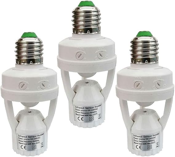 Hareket Sensörü Işık Soketi, E26E27 PIR Hareket Vidalı Ampul Adaptörü, Garaj Bodrumu Veranda Depolama Odası için Otomatik Açma-Gece Işığı Kontrolü (3 Paket)
