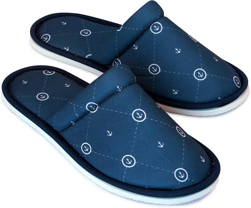 Men's Navy Blue Marine Pattern Soft Base Home Slippers