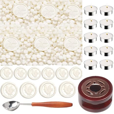 Wax Sealing Beads, ONWINPOR 300pcs Pearl White Wax Seal Beads, 1pcs Wooden Wax Seal Warmer, 1pcs Melted Spoon and 10pcs Tea Candles for Wax Sealing Stamp Kit (Pearl White)