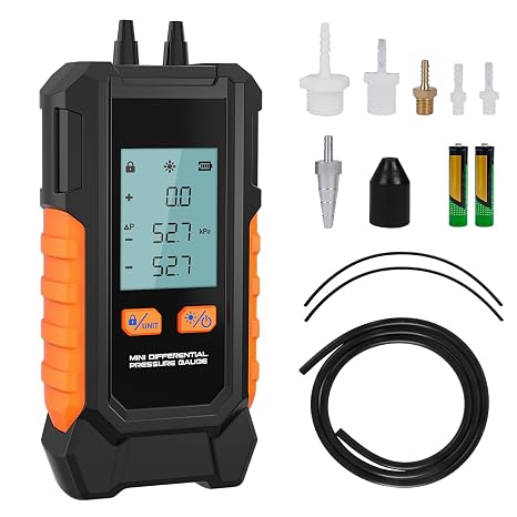 Manometer, Dual-Port Gas Pressure Tester,101 to 200 kPa Range | Digital Manometer Differential Pressure Gauge HVAC with 6 Switchable Units, Large Backlit LCD, Data Hold Function, 7 Adapters