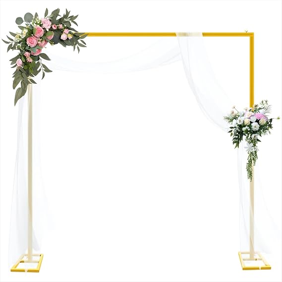 YIJXPOIN 8FT Wedding Arch Backdrop Stand, Gold Square Back Drop Adjustable Stand Metal Arch Heavy Duty Backdrop Stand Kit Frame for Party Wedding Birthday Photobooth Decorations