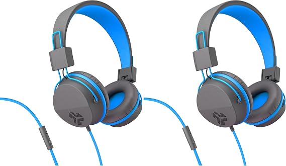 JLab Neon on-Ear Wired Headphones with 40mm Drivers, Graphite/Blue (Pack of 2)