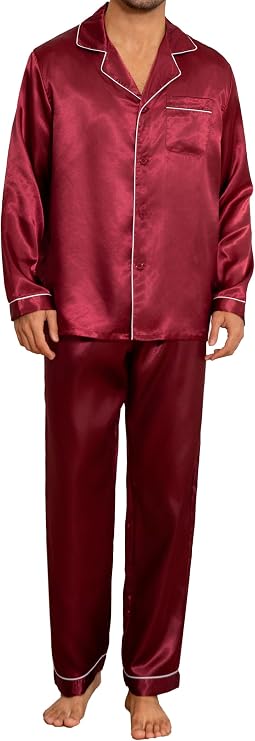 JupiterSecret Mens Satin Pajamas Set Long Sleeve Button Down Silky Pjs Sets 2 Pieces Sleepwear with Pockets (Red,L)