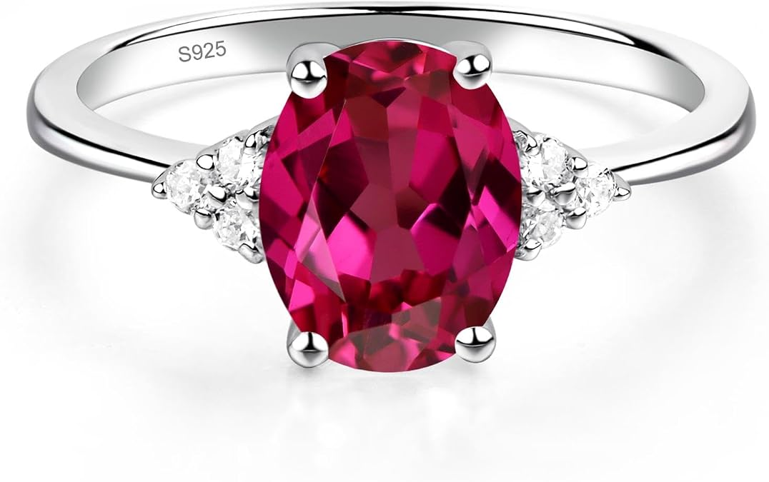 LUO 925 Sterling Silver Oval Shaped Gemstone Classic Rings for Women