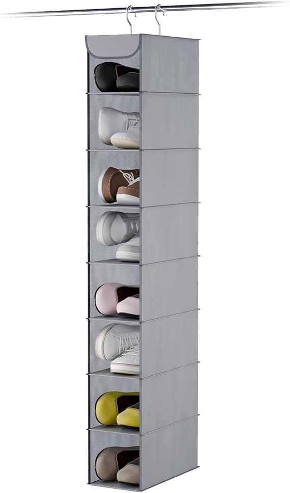 Whitmor Hanging Shoe Organizer, 8 Shelves-Hanging Closet Organizer, Hanging Shoe Rack for Small Closet, Hanging Shelves for Storage Shoes Clothes 11.5" D x 5.5" W x 41" H, Grey