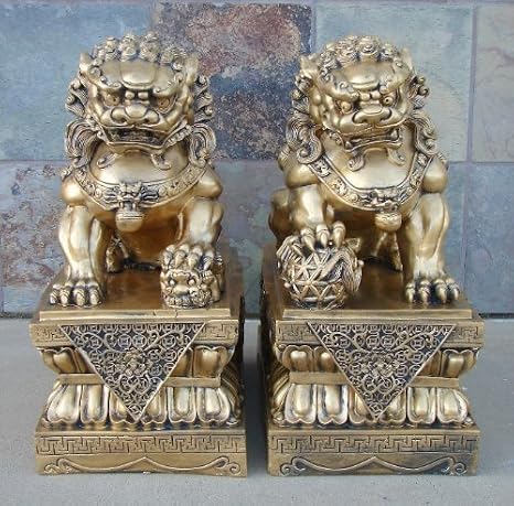 18" Pair of Big Golden Feng Shui Foo Dogs, Fu Dog Statues, Chinese Civilian Door Gods to Protect Business Home Premises