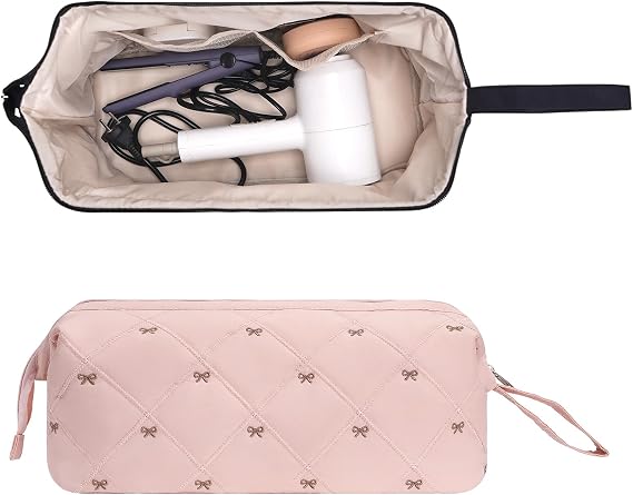Hair Tools Travel Bag, Quilted Hair Tool Bag for Women, Portable Hair Dryer Organizer Case Compatible with Dyson Airwrap Styler, Pink-Bow, 13.8 x 6 x 6 inches, Feminine Floral