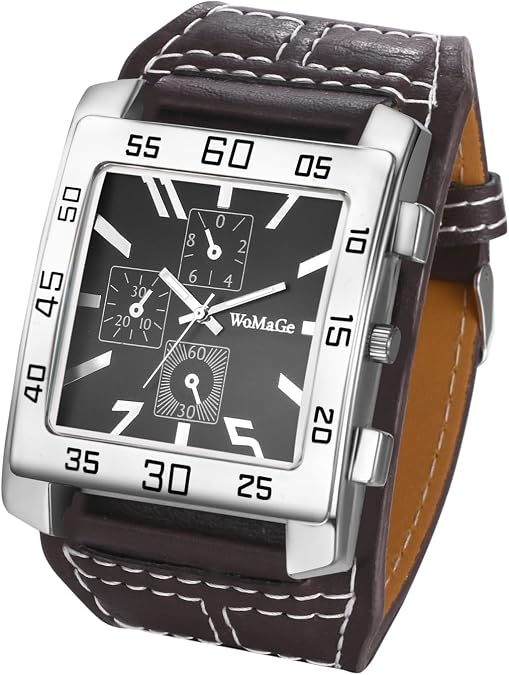 JewelryWe Square Leather Wrist Watch for Men Punk Analog Quartz Watch Black Casual Business Dress Watches for Father's Day