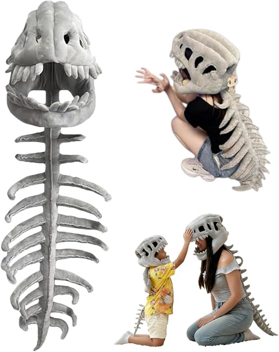 Dinosaur Skeleton Costume, 3D Spinosaurus Skull Mask with Plush Spine Tail for Halloween Cosplay and Party Dress Up