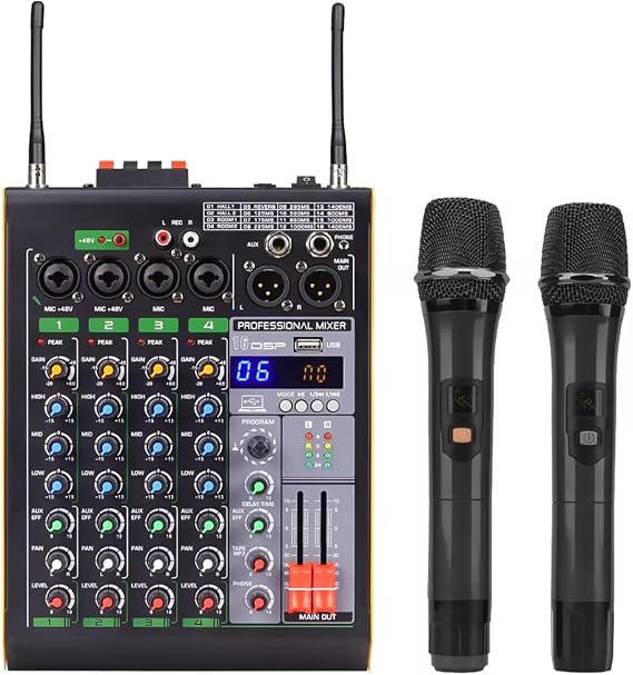 4 Channel Mixing Console, Bluetooth Portable Audio Mixer, 16 DSP Effects, USB/MP3 Input,With 2 Adjustable Frequency Wireless Microphone for Studio