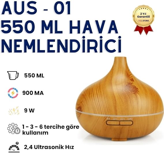 Kumandalı Oda Nemlendirici, Difüzör Buhar Ultrasonik Hava Nemlendirici, Aromatik Oda Kokusu 7 Renk Led Işıklı, 550 Ml