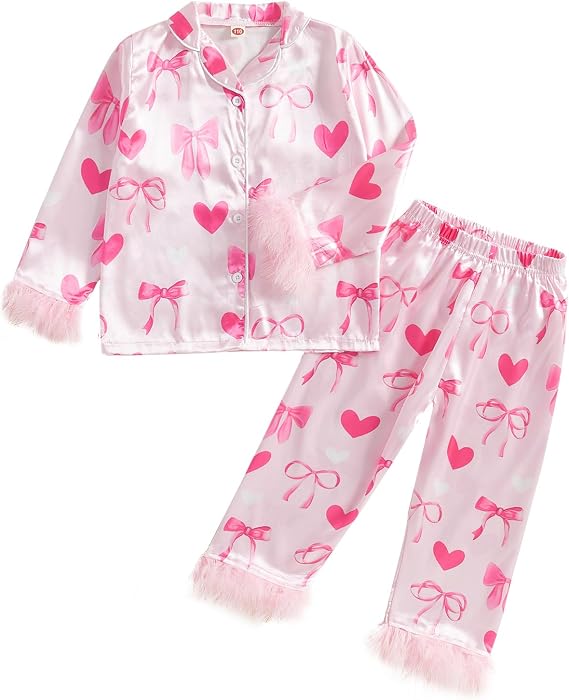 Kuriozud Toddler Kids Girl Mardi Gras Satin Silk Pajamas Little Girl Feather Trim Sleeve Carnival Pajama Set Nightgown Pjs