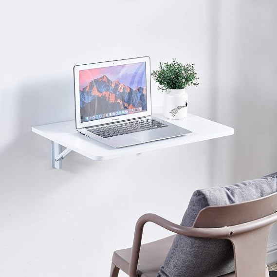 Wall Mounted Folding Laptop Table Floating for Bedroom Kitchen Space Saving, Foldable Wooden Modern Computer Desk Workstation Small Desk Foldable with Metal Support (White)
