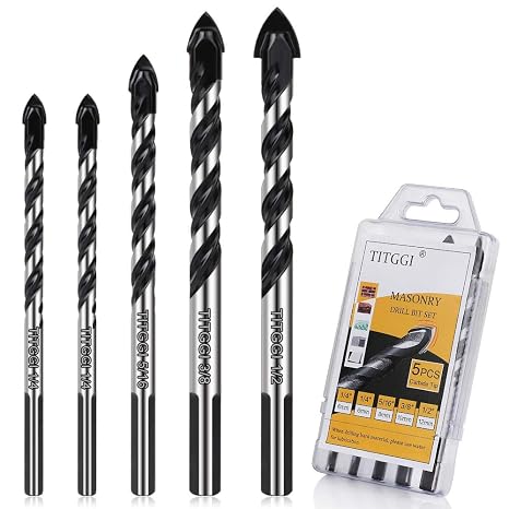 5-Piece Masonry Drill Bit Set & Concrete Drill Bit Set, 5 Sizes, 1/4"-1/2"