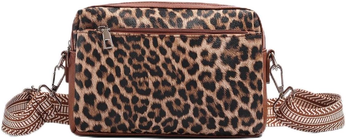 Leopard Print Purse for Women,Small Crossbody Square Bag,Brown Shoulder Bag with Wide Strap