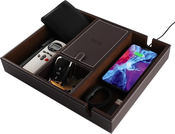 PLENTY Leather Valet Tray, Desk Dresser Nightstand Jewelry Organizer Catchall Tray for Keys Watch Wallet Phone Charging Station (Brown)